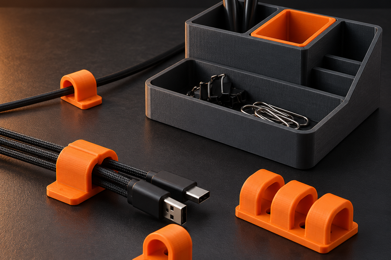 3D-gedruckte Kabelclips und Schreibtisch-Organizer – Symbolmotiv.
