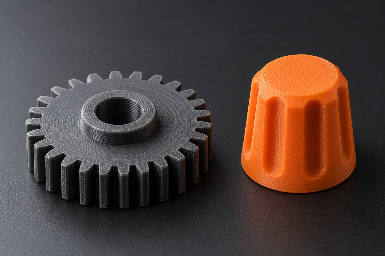 3D-gedrucktes Zahnrad und orangefarbener Drehknopf – Symbolmotiv.