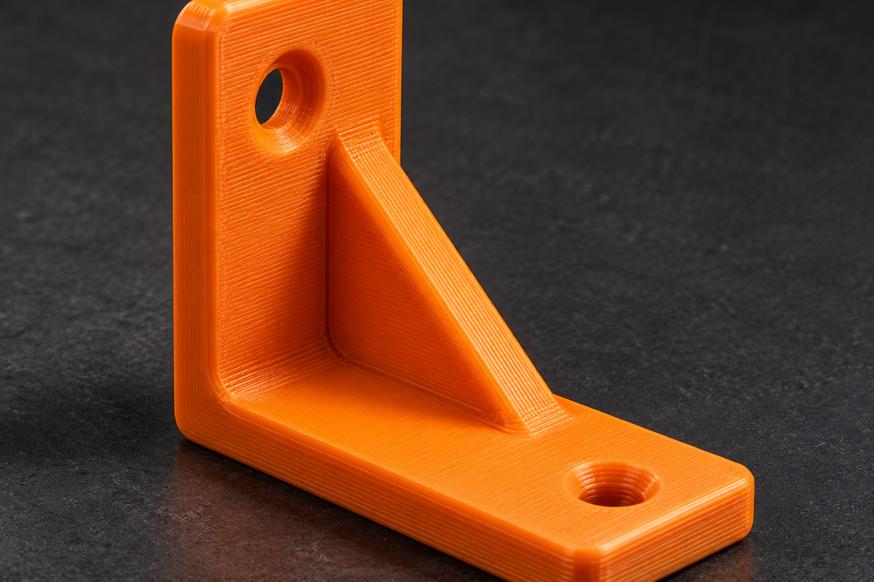 Orangefarbene 3D-gedruckte Halterung – Symbolmotiv.